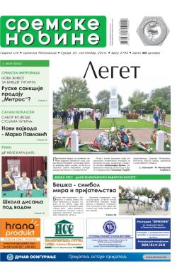 Sremske Novine - broj 2793, 10. sep 2014.